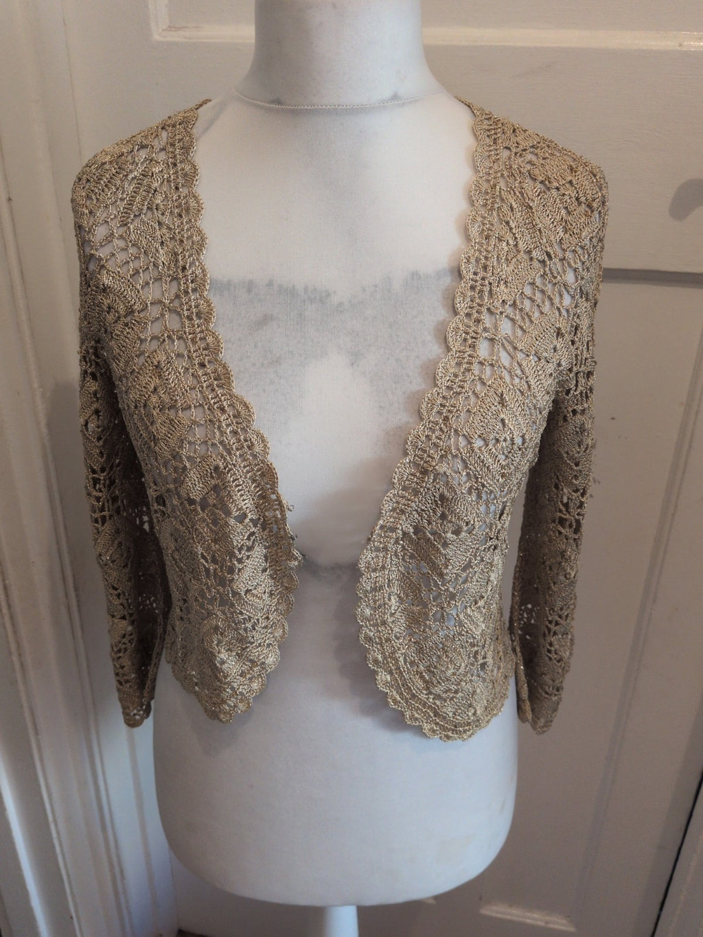 Ladies Size Large Gold Lacey Open Blouse Long Sleeve