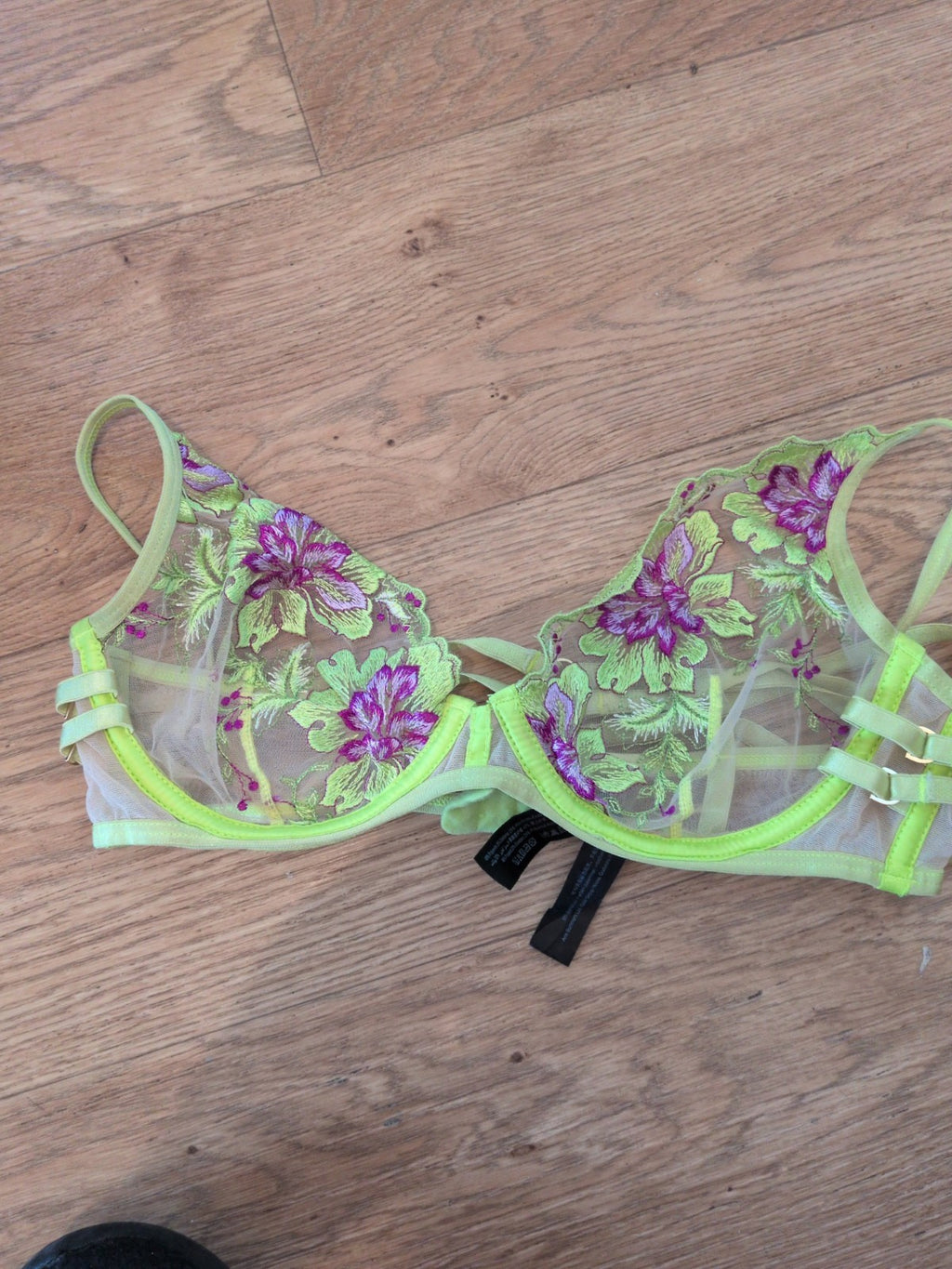 Ann Summers 32b Neon Yellow No Padded Floral See Through Wired Bra