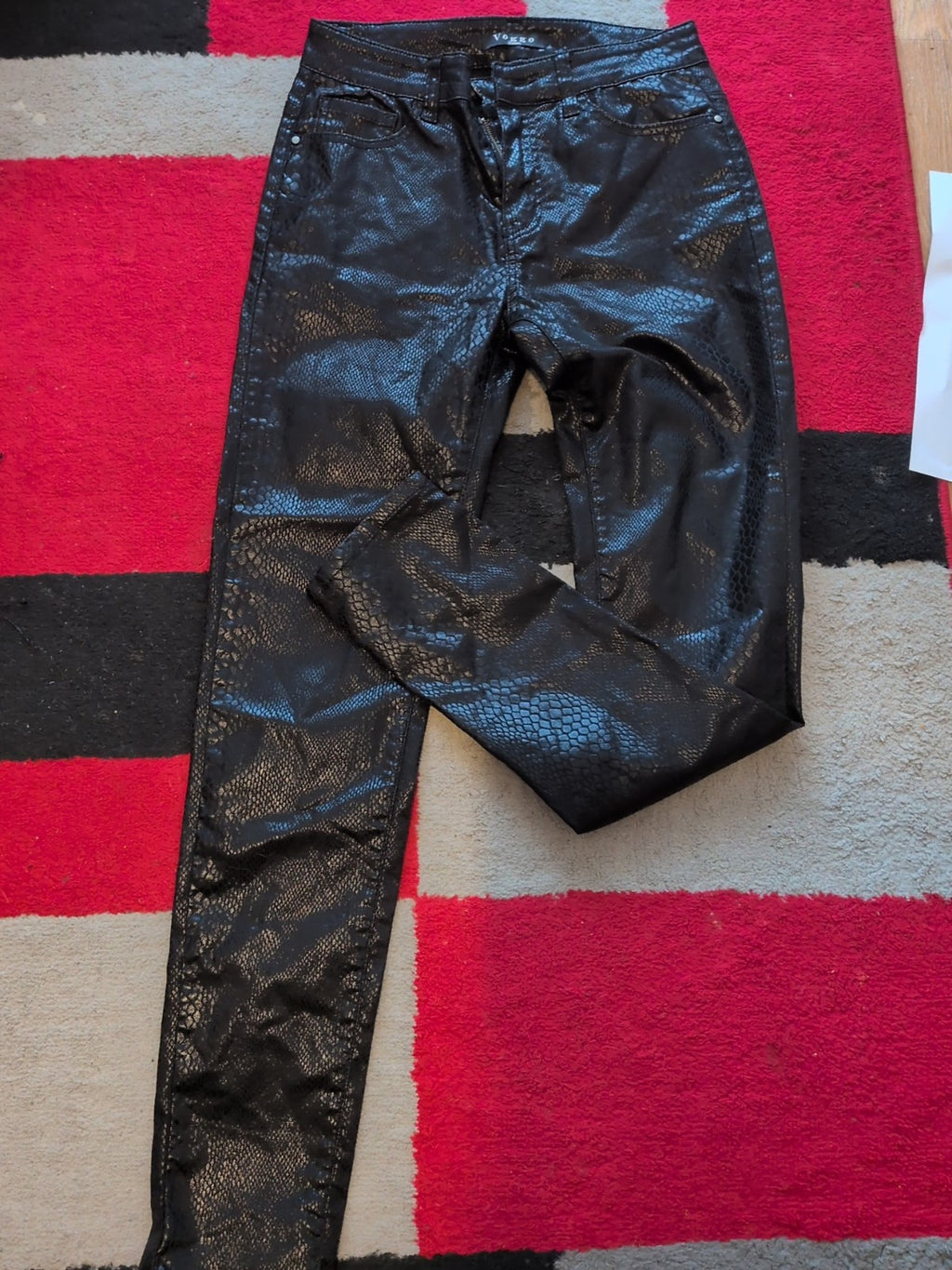 Ladies Voggo Size T38 Black Snakeskin Style Pleather Teousers