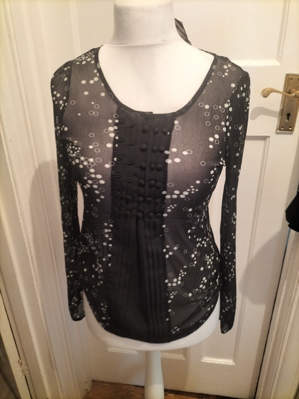 Ladies Next Size 10 Black And White Sheer Long Sleeved Blouse