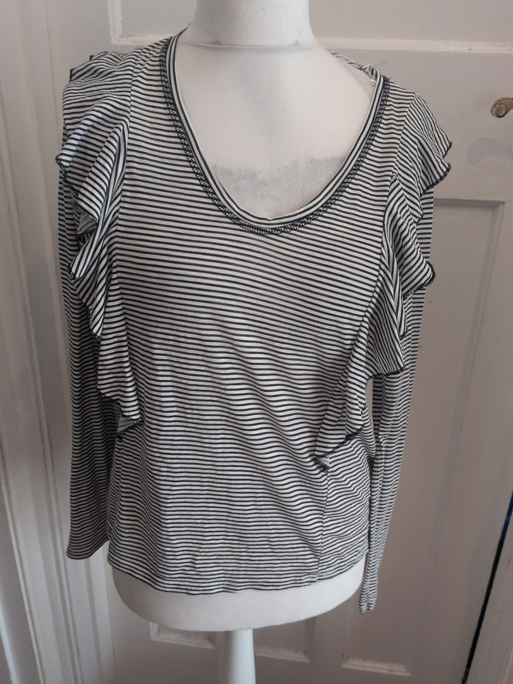 Next 12 Black Stripe Long Sleeve Frill/Pleat Shoulder Blouse
