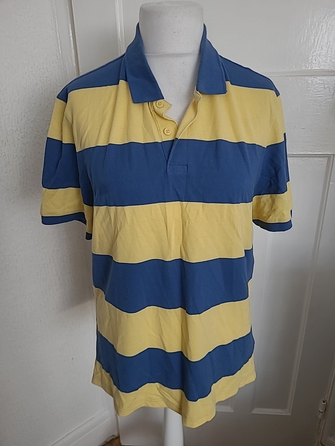Mens M&S Size L Reg Yellow And Blue Striped Short Sleeved Polo