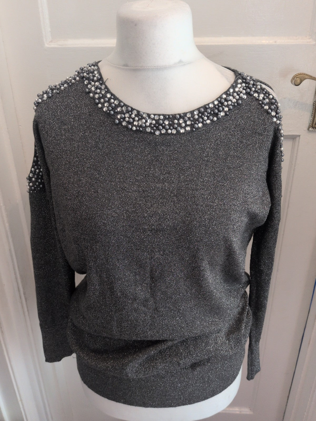 Wallis 12 Silver Shimmer Long Sleeve Diamante Oversized Top