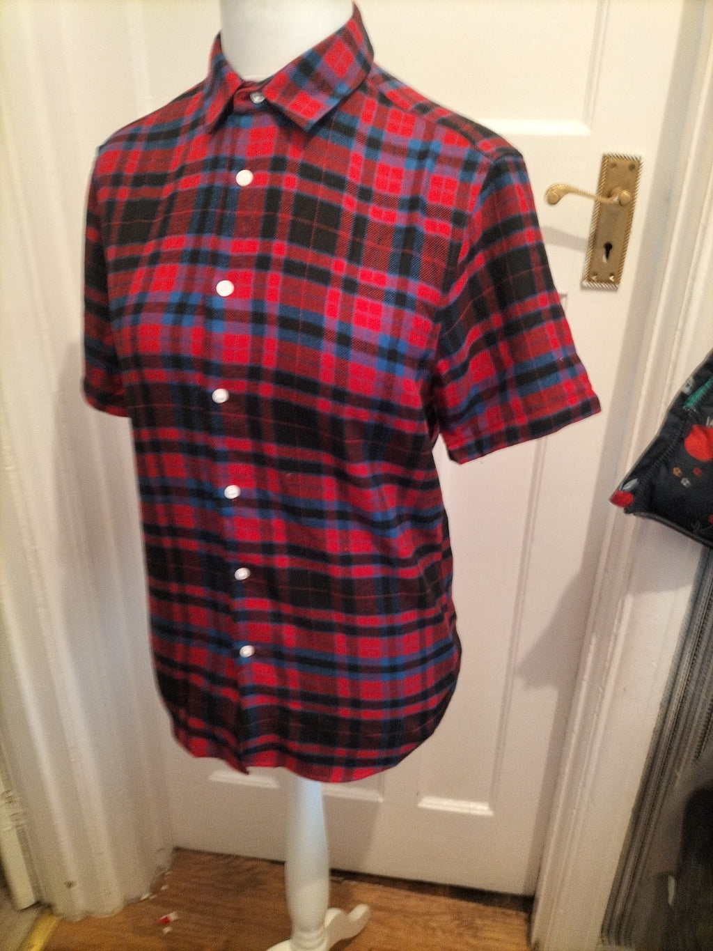 Mens Asos Size Medium Navy And Red Check Short Sleeved Shirt