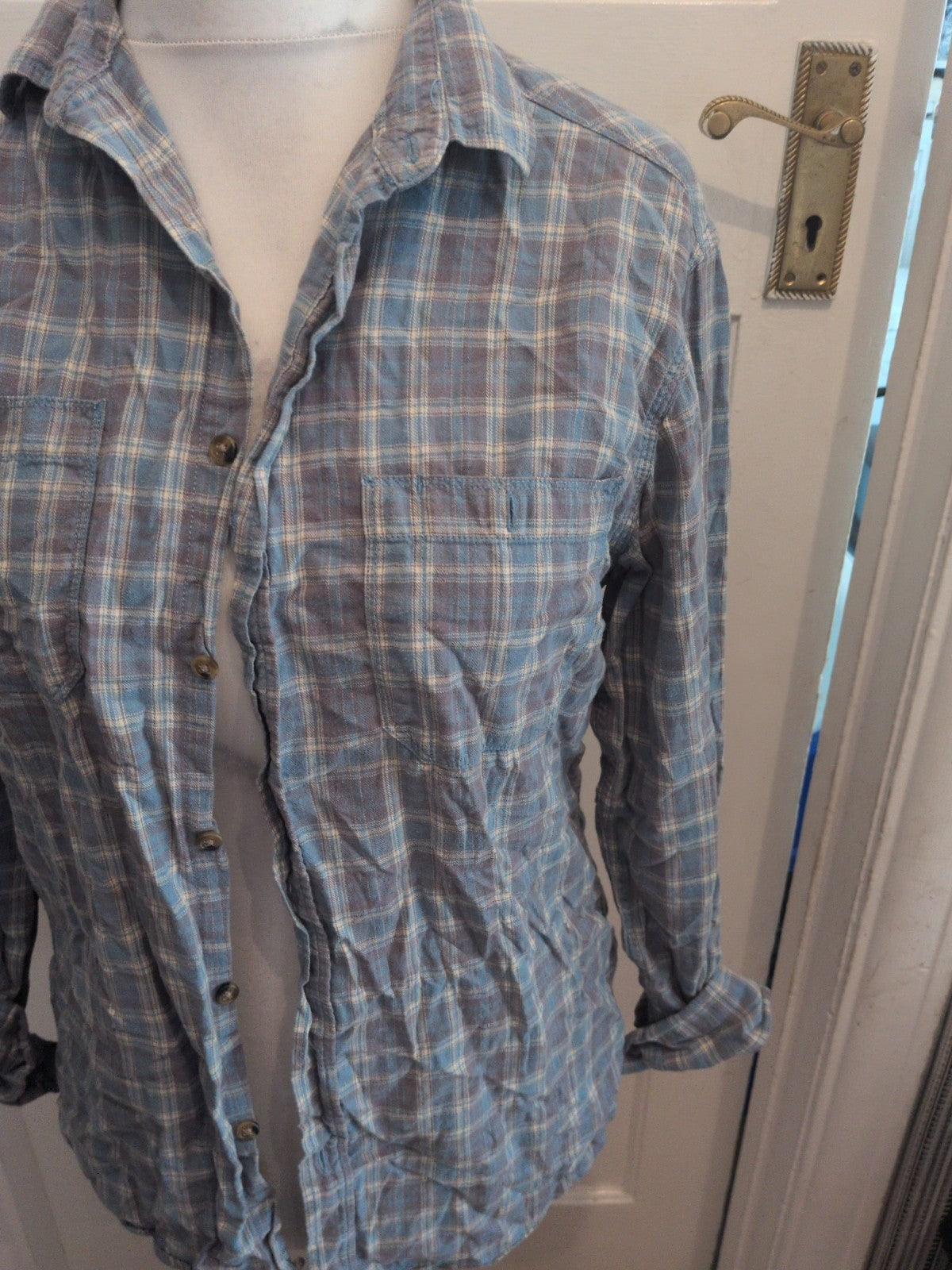 Tu Pure Cotton Medium Blue Check Long Sleeve Shirt