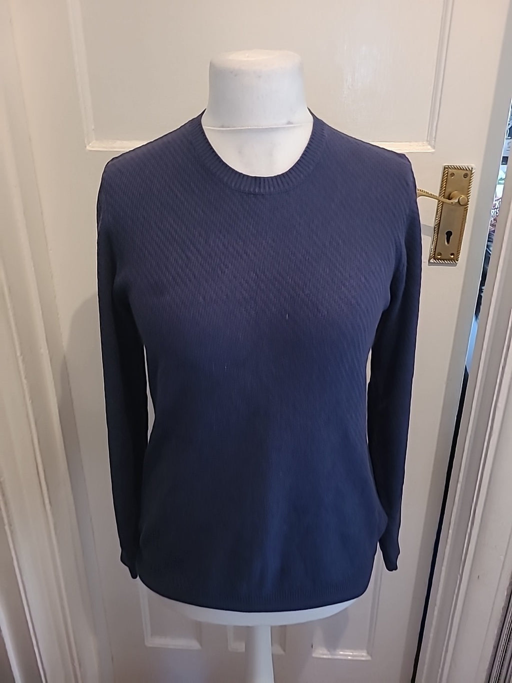 Mens Marks And Spencer Size Small Navy Textured Long Sleeved Pullover Jumper