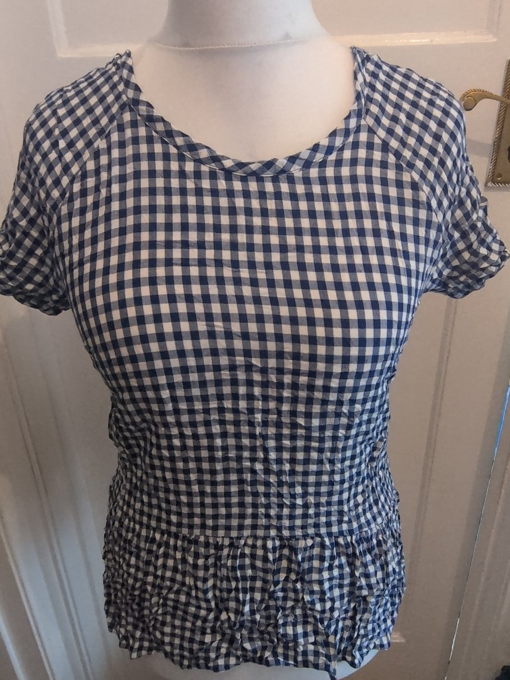 Primark 10 Blue Check V Detail Neck Short Sleeve Blouse