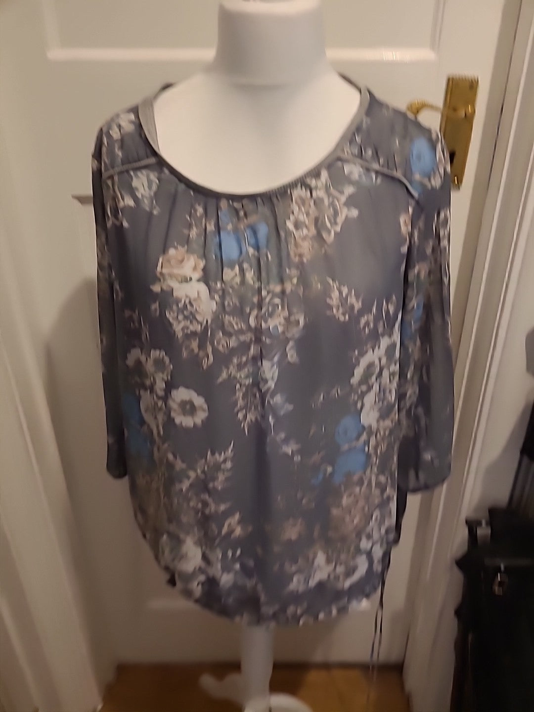 Ladies Next Size 20 Grey And Blue Semi See Through Floral Blouse