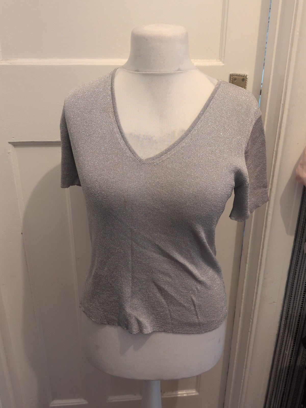 Debenhams 14 Silver Short Sleeved Blouse Stain On Front
