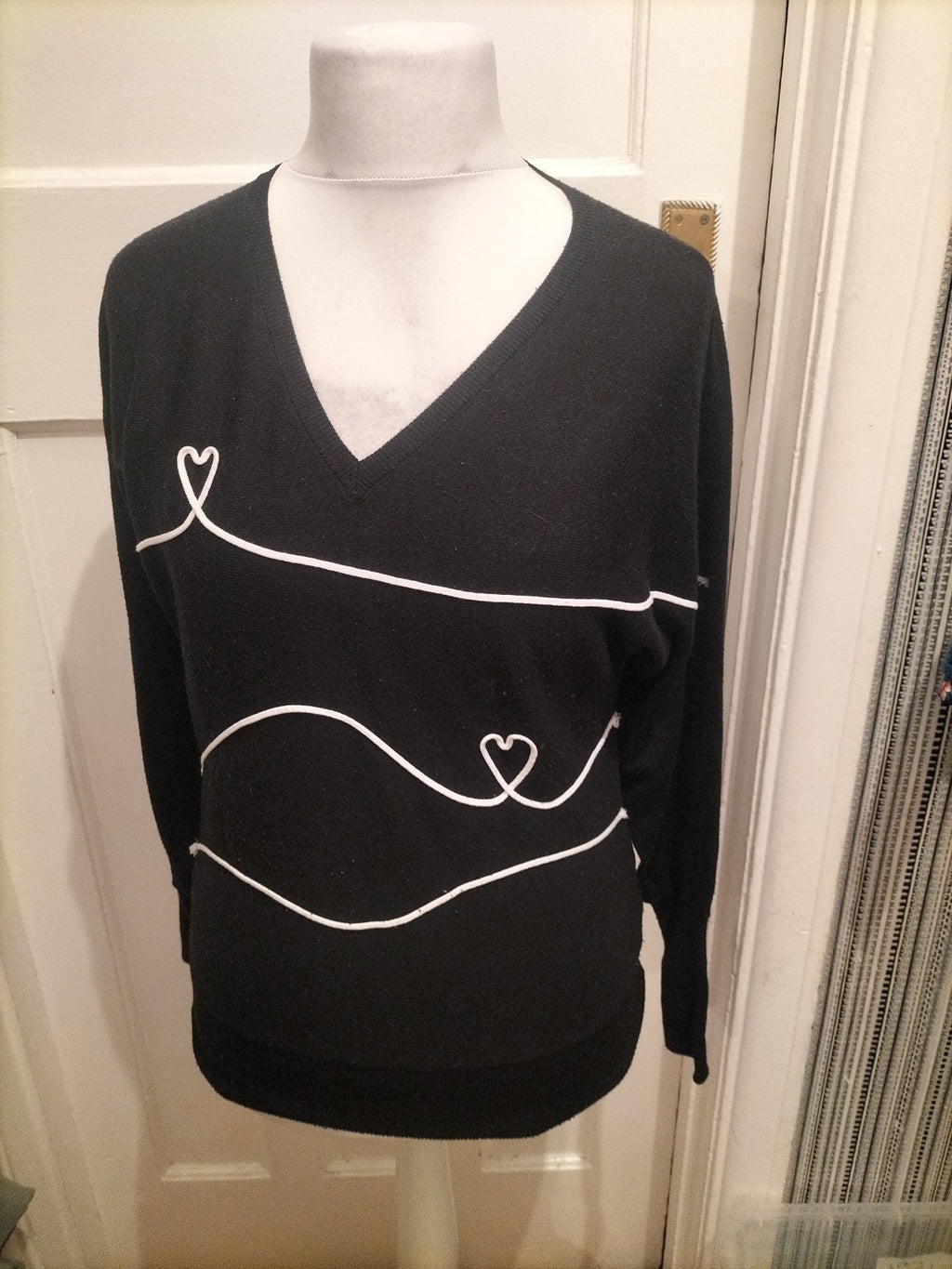 Ladies Next Size XS Black And White Jumper With Hearts
