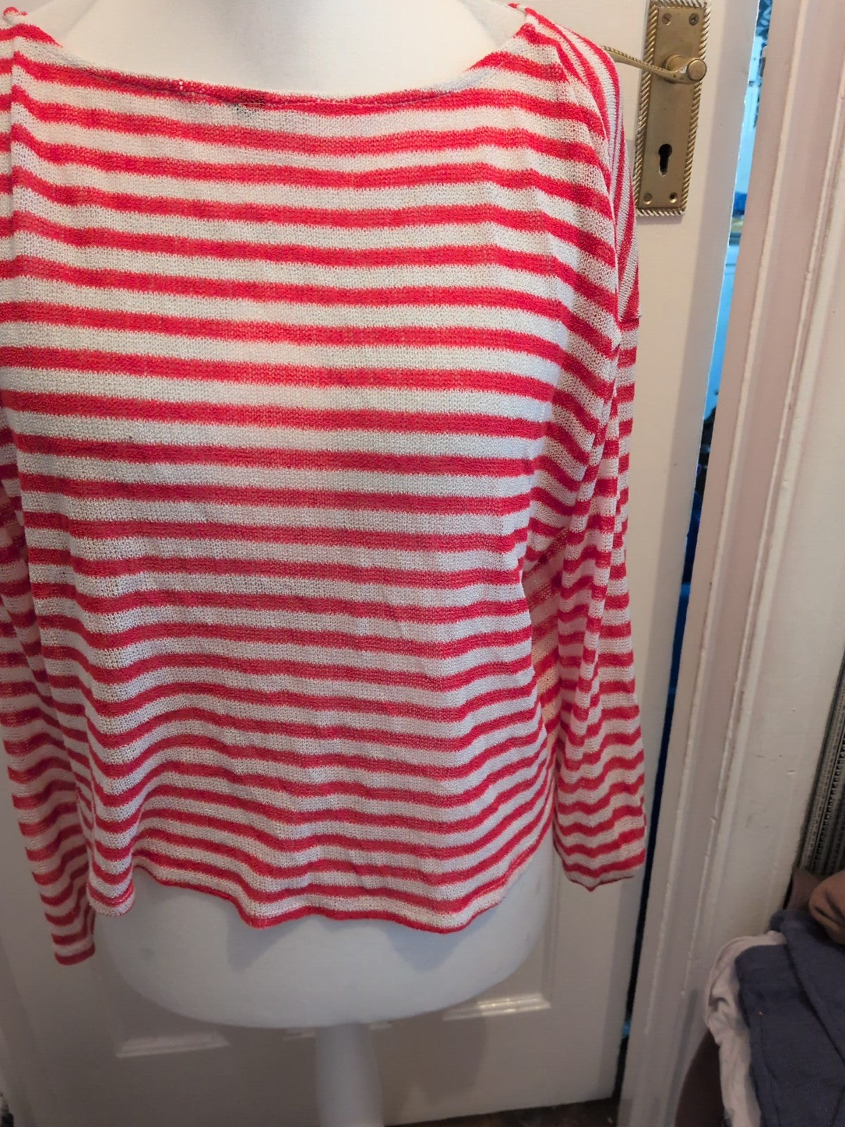 Medium Red And White Stripe Stretchy Long Sleeve Top