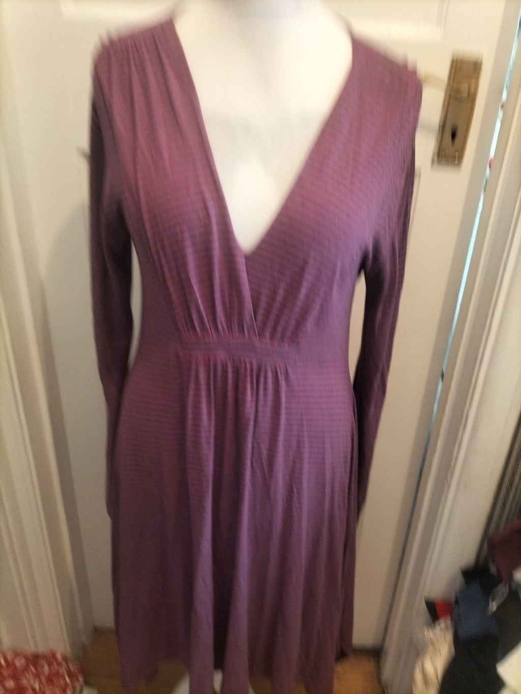 Large Purple Striped Long Sleeved Flare Dress V Neck
