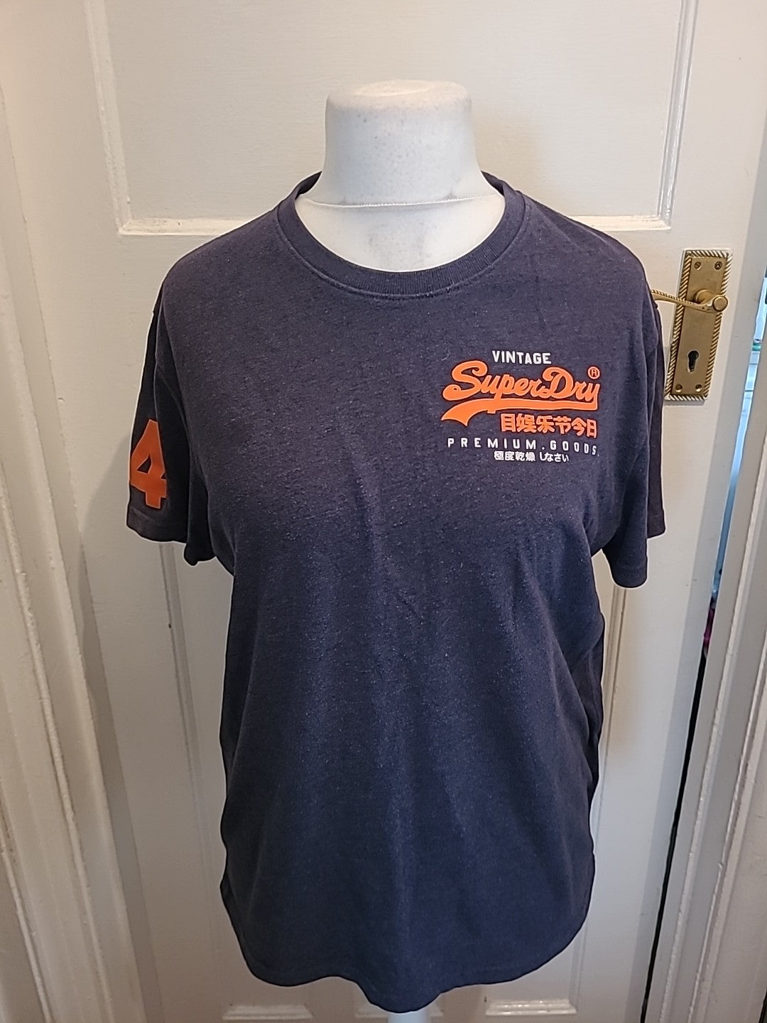 Mens Superdry Size L Navy And Orange Print Short Sleeved Tshirt