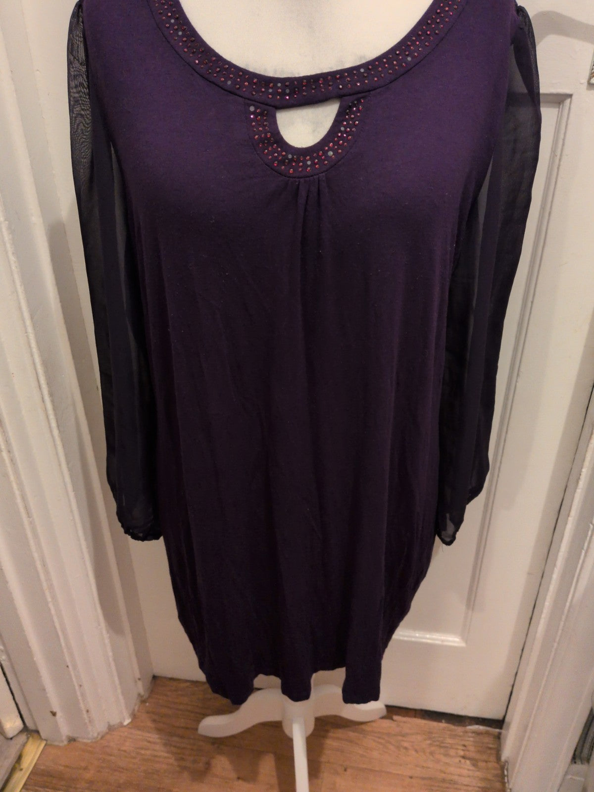 BM Collection 20 Purple Sheer Long Sleeve Diamonte Neck Blouse