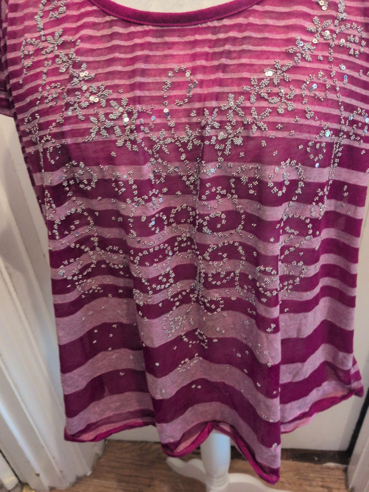 Faded Glory 4XL Purple And White Stripe Studded Patterned Blouse Short Sleeve