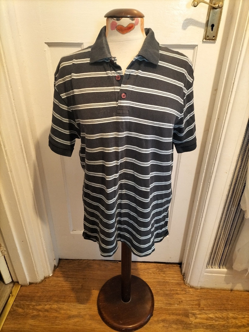 Mens Easy Size Medium Navy/White Striped Polo(neck Marked)