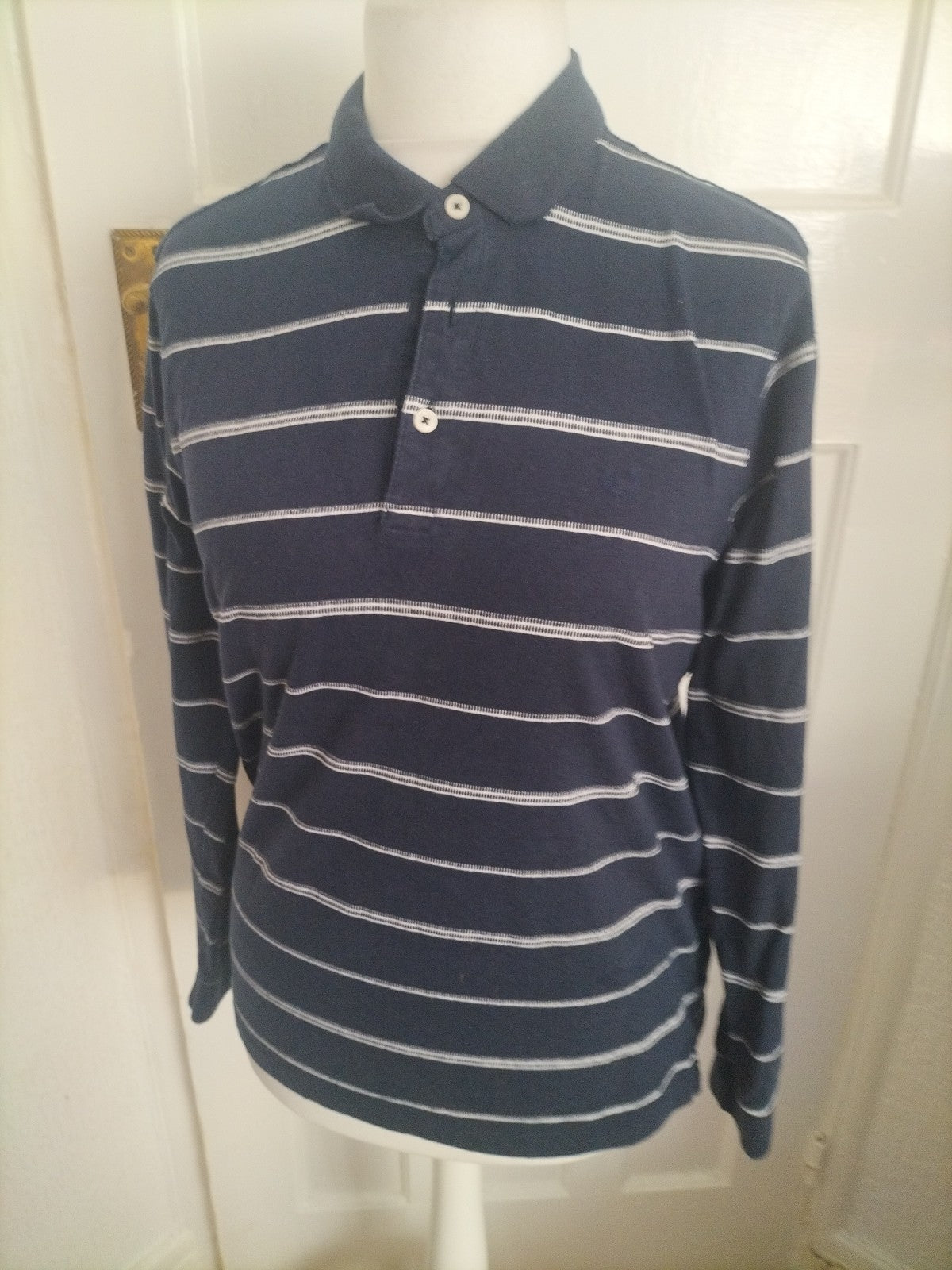Mens Lincoln Size M Navy And White Striped Long Sleeved Polo