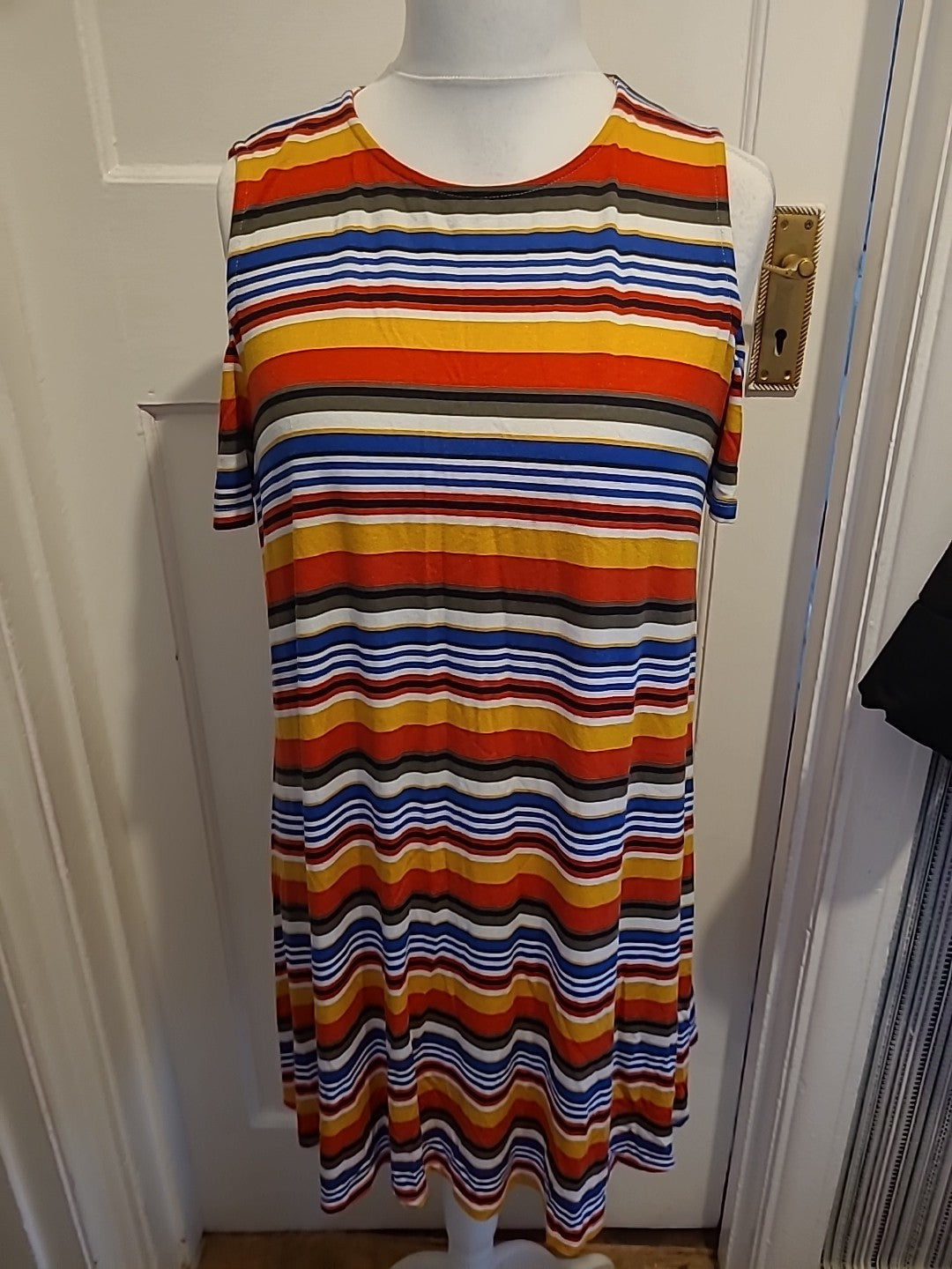 Ladies Papaya Size M Multi Striped Open Shoulder Flare Dress