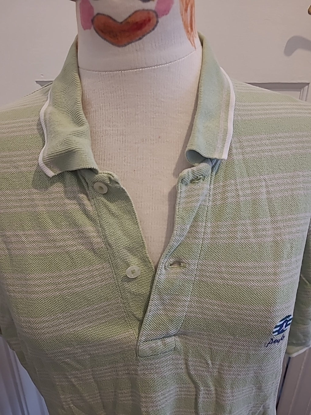 Mens Faldo Size Medium Green White Striped Short Sleeved Polo