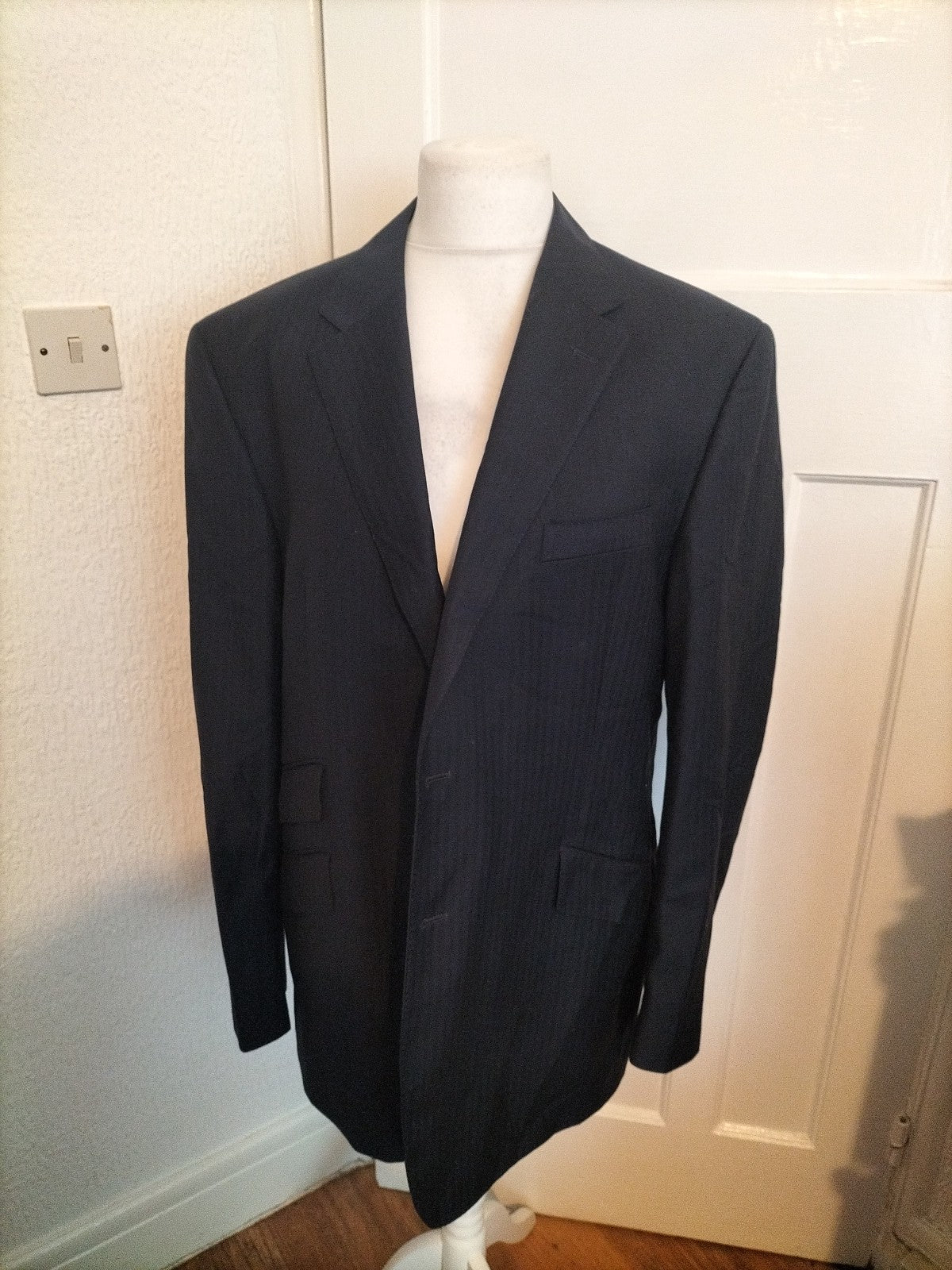Mens Marks And Spencer Sartorial Size 46L Black Faint Striped Lined Jacket