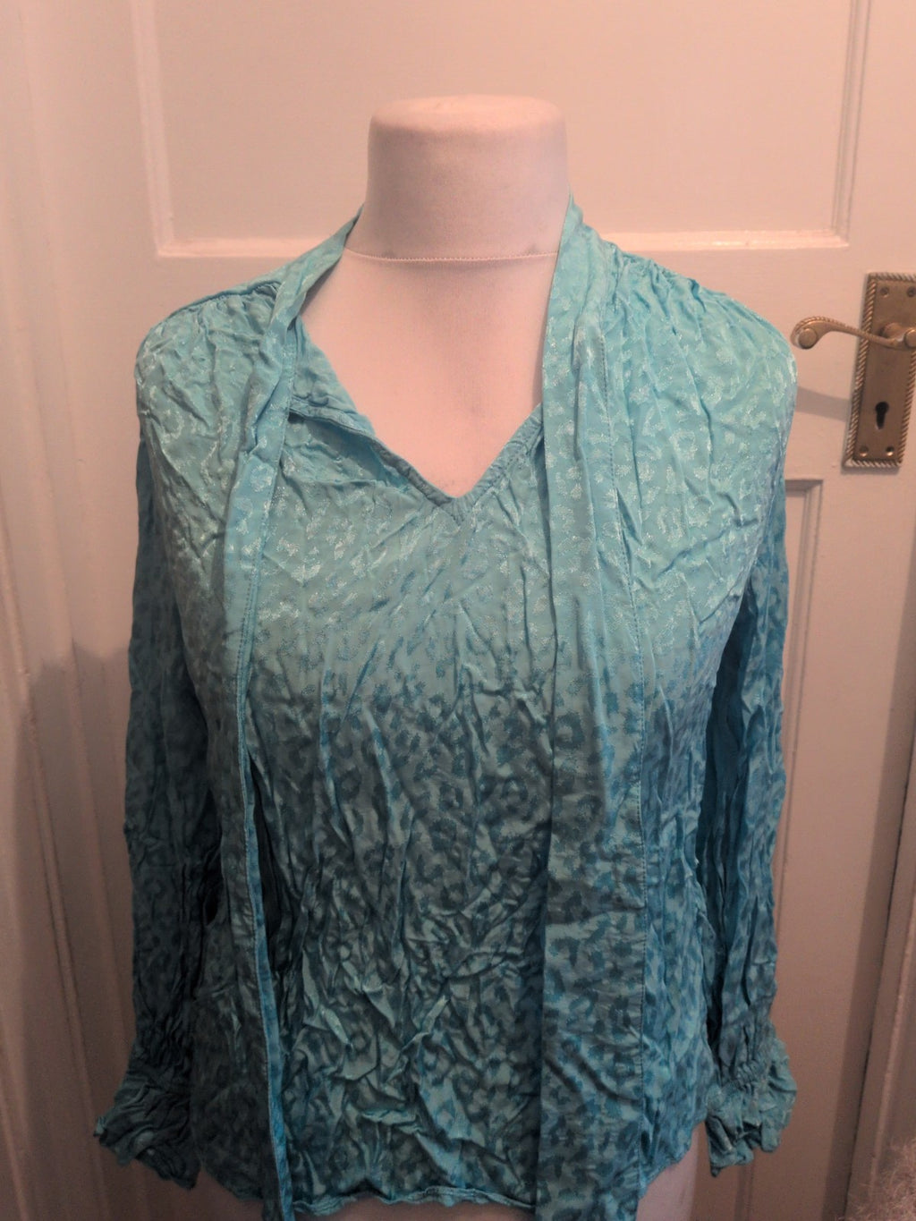 River Island 14 Aqua Patterned V Neck Long Sleeve Blouse