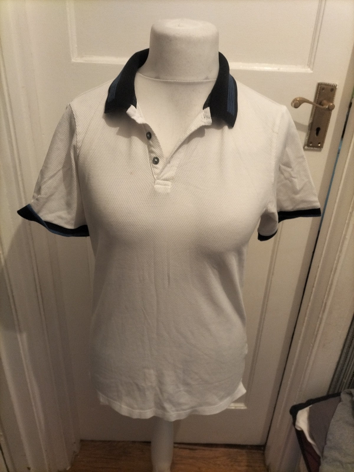 Next Medium Slim Fit White With Navy Trim Short Sleeve Polo Few Small Marks