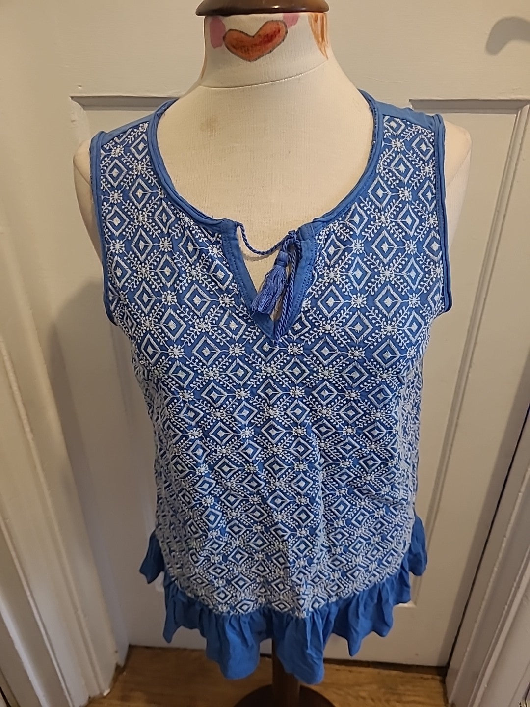 Ladies Next Size 12 Blue White Embroidery Sleeveless Blouse