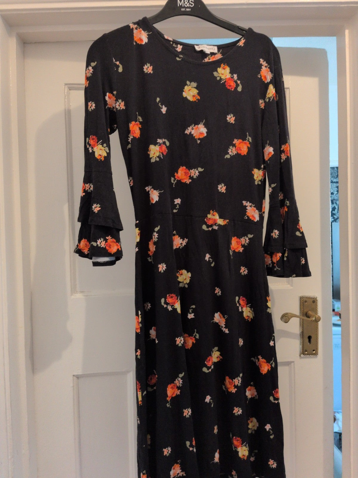 Warehouse 10 Black Orange Floral Long Sleeve Dress Flared
