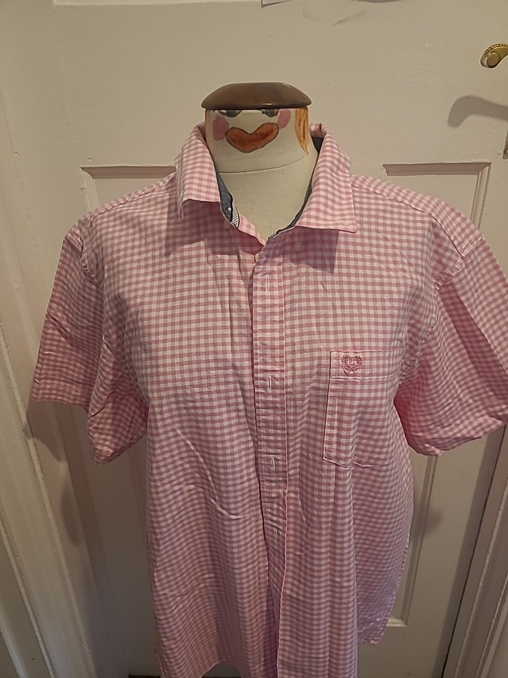 Mens Lincoln Size Large Pink With White Check Short Sleeve Shirt