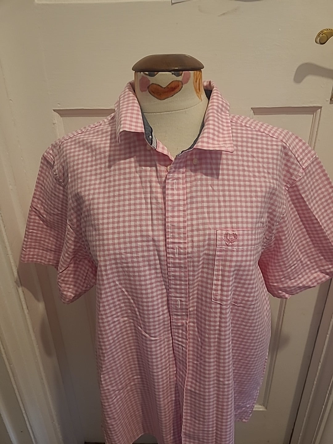 Mens Lincoln Size Large Pink With White Check Short Sleeve Shirt