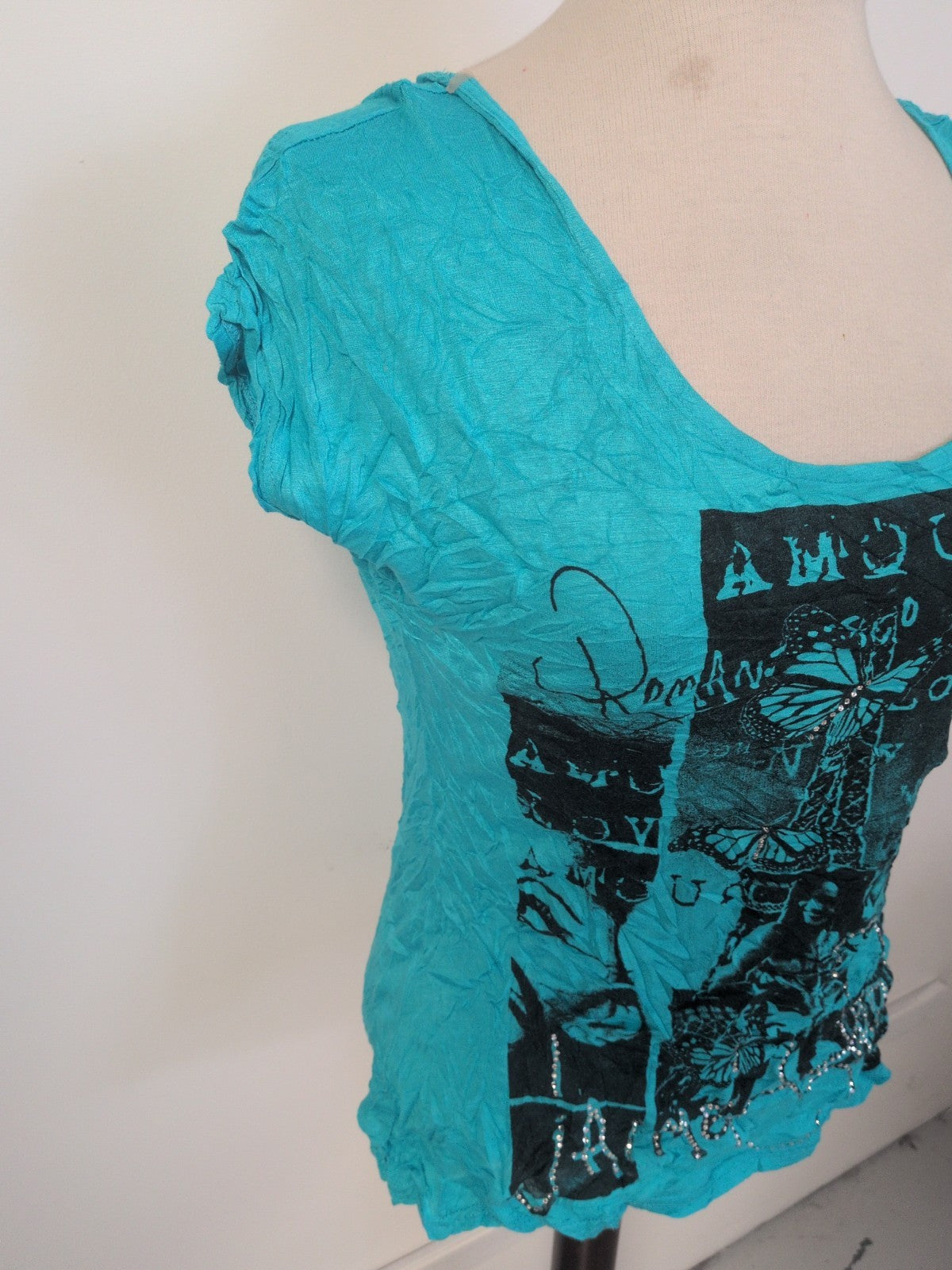 Ladies New Look Size 12 Turquoise Printed Short Sleeve T-shirt