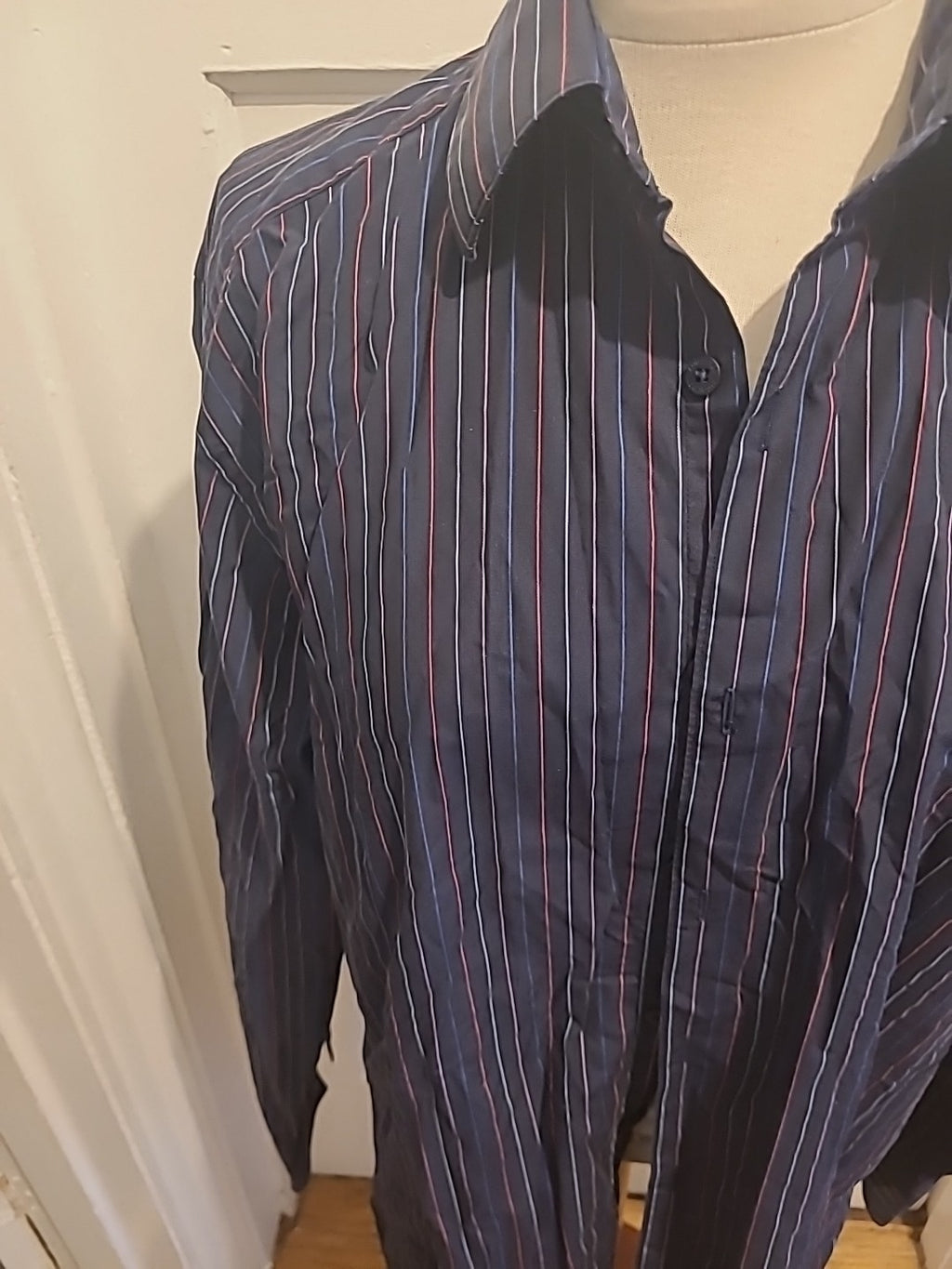 Mens Marks And Spencer 16.5" Pure Cotton Long Sleeve Black Blue And Red Striped