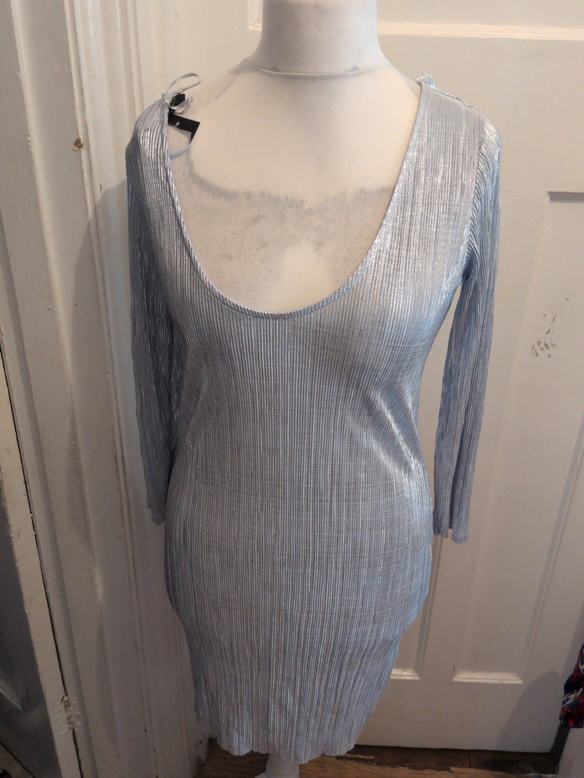 Ladies Debenhams 12 Shiny Silver Long Sleeve Dress