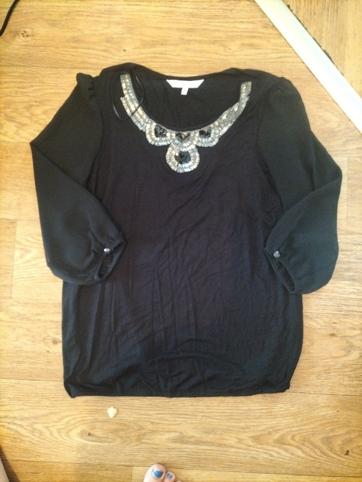 Ladies Debenhams Petite Size 10 Black And Silver With Sheer Sleeves Blouse