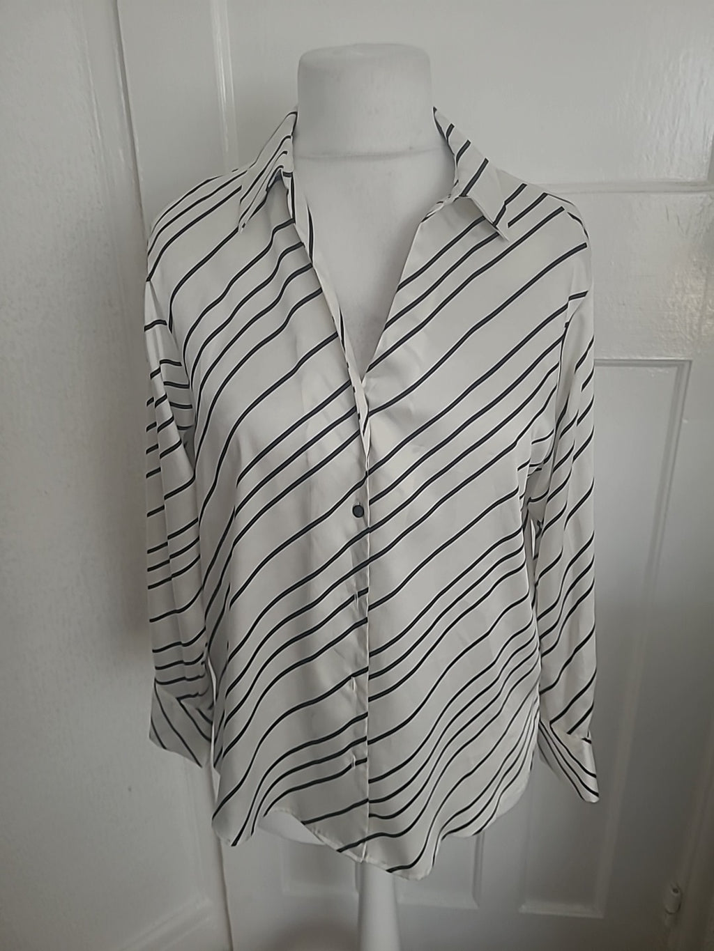 F&F 8 Diagonally Striped Blouse Long Sleeved Buttoned