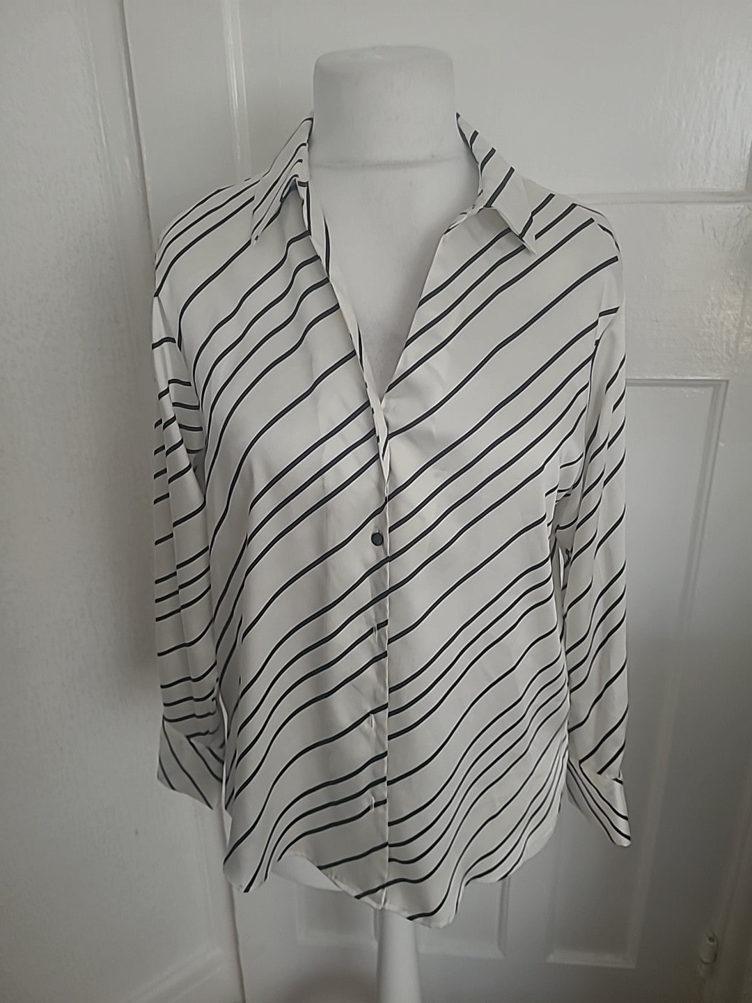 F&F 8 Diagonally Striped Blouse Long Sleeved Buttoned