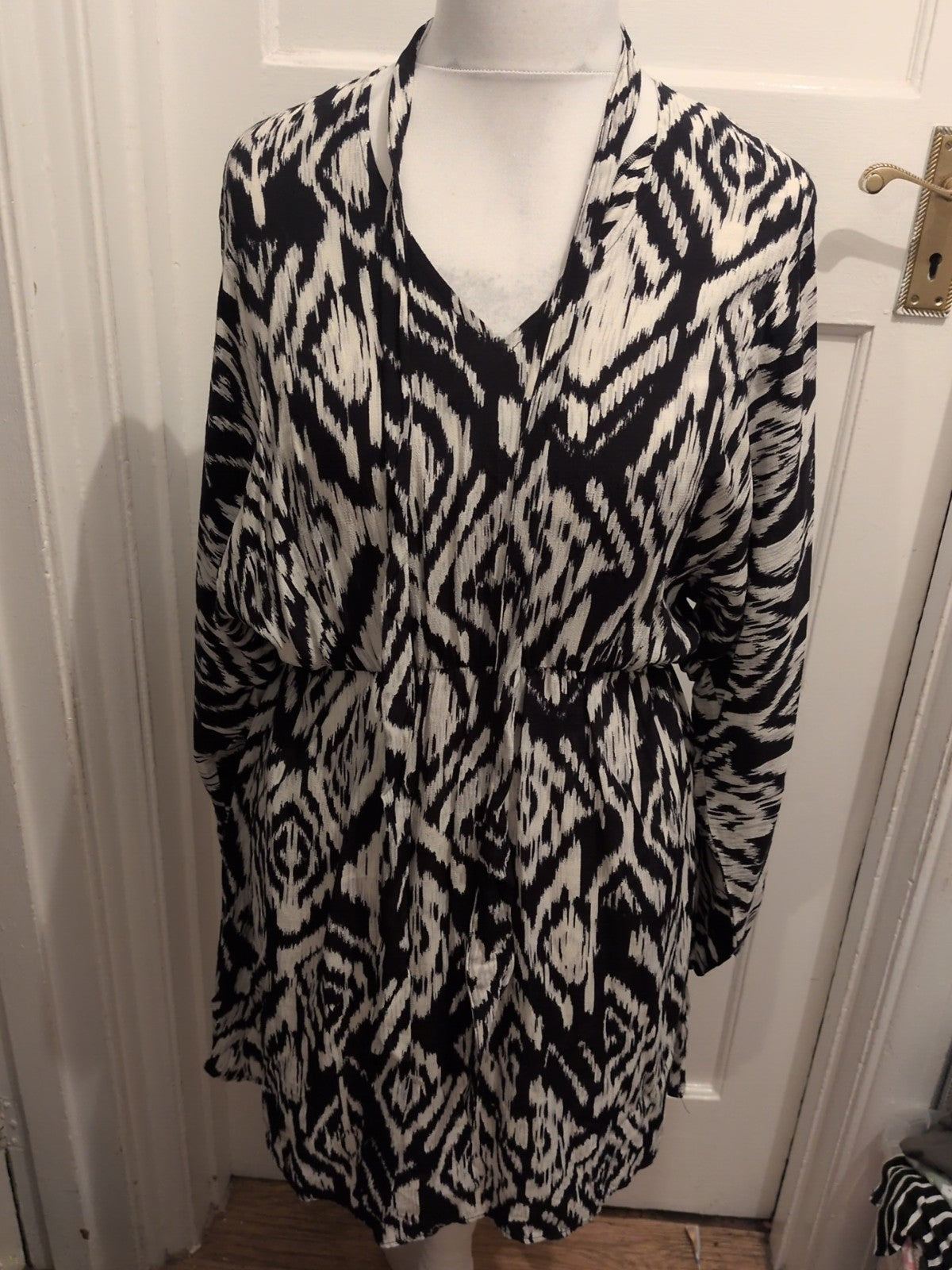 TU 12 Black And Ivory Streak Fit And Flare Dress Midi Long Sleeve