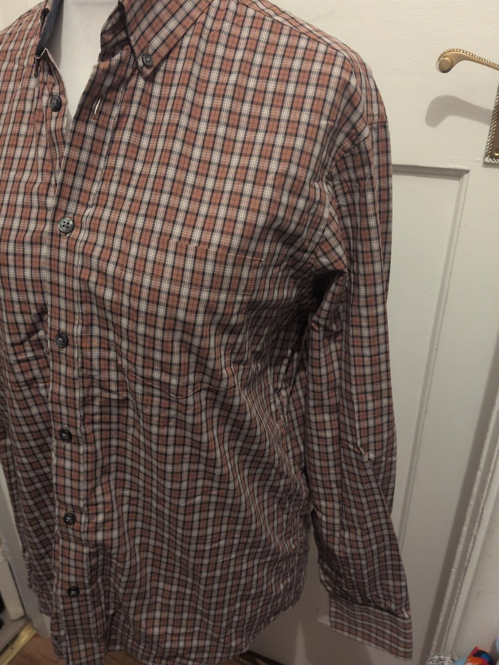 Mens M&S Size M Regular Fit Peached Pure Cotton Shirt Brown Check Long Sleeved