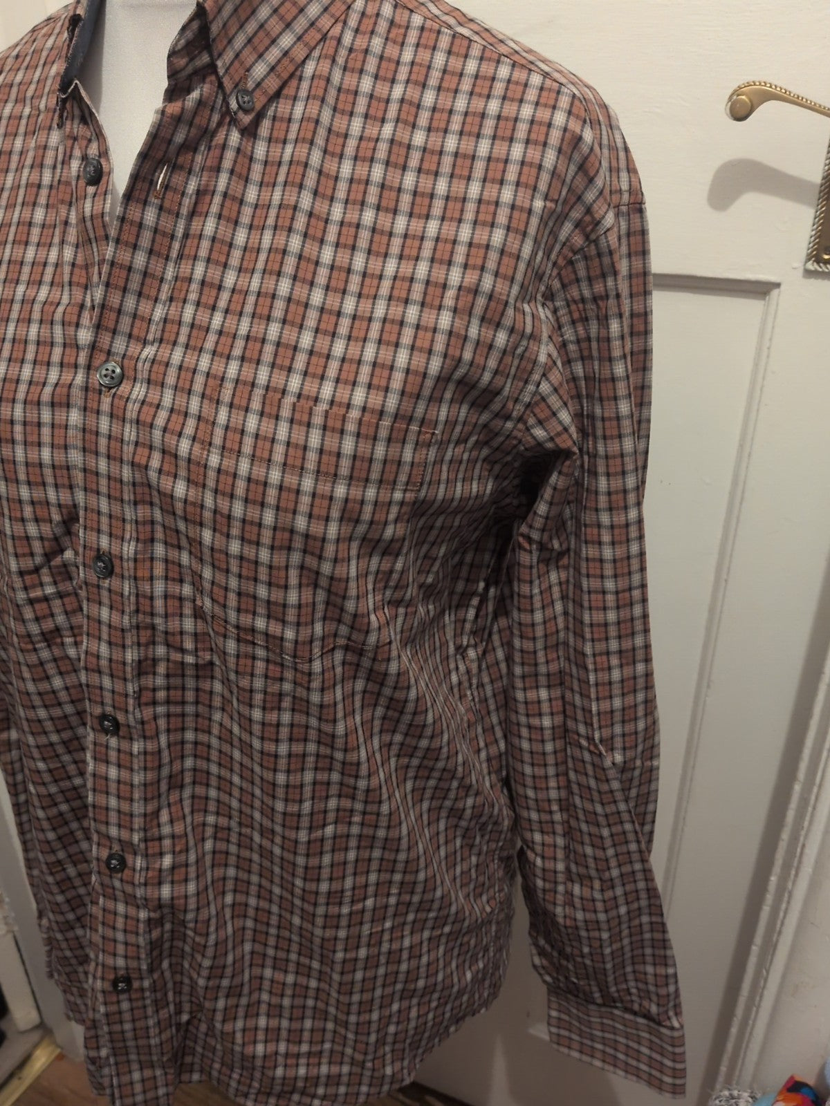 Mens M&S Size M Regular Fit Peached Pure Cotton Shirt Brown Check Long Sleeved