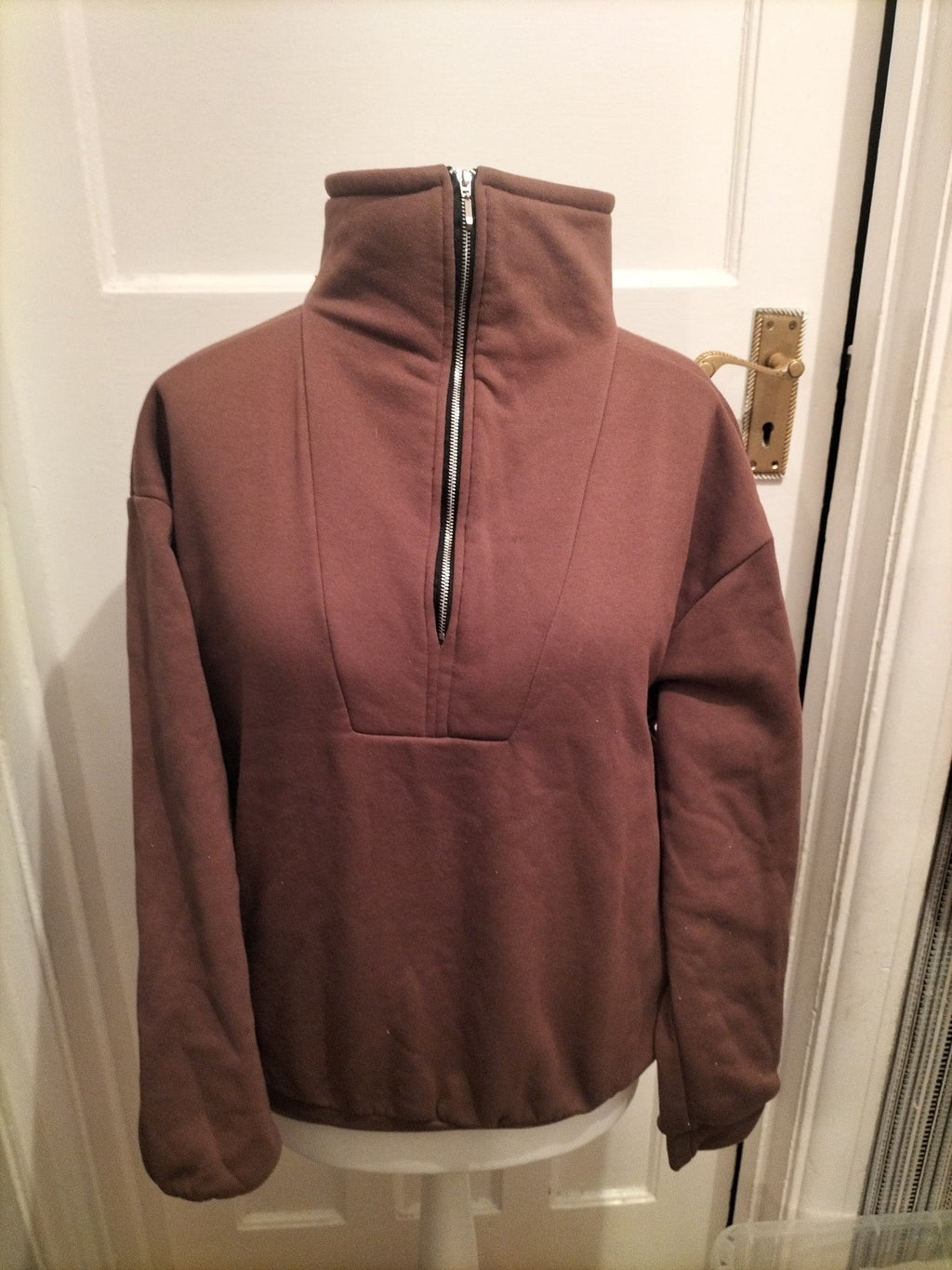 Ladies Large Brown Semi Zip Pullover Jumper