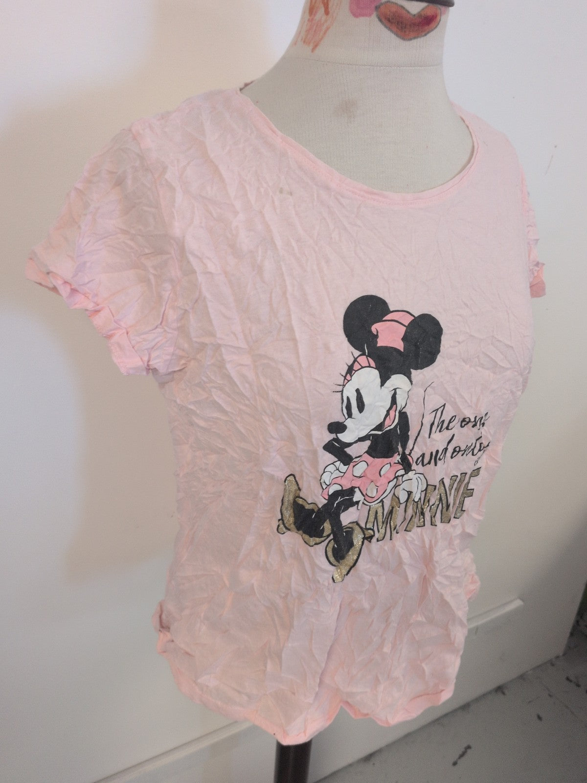 Ladies Pep&Co Size 12-14 Pink Minnie Mouse Short Sleeve Pyjama Top Small Mark On