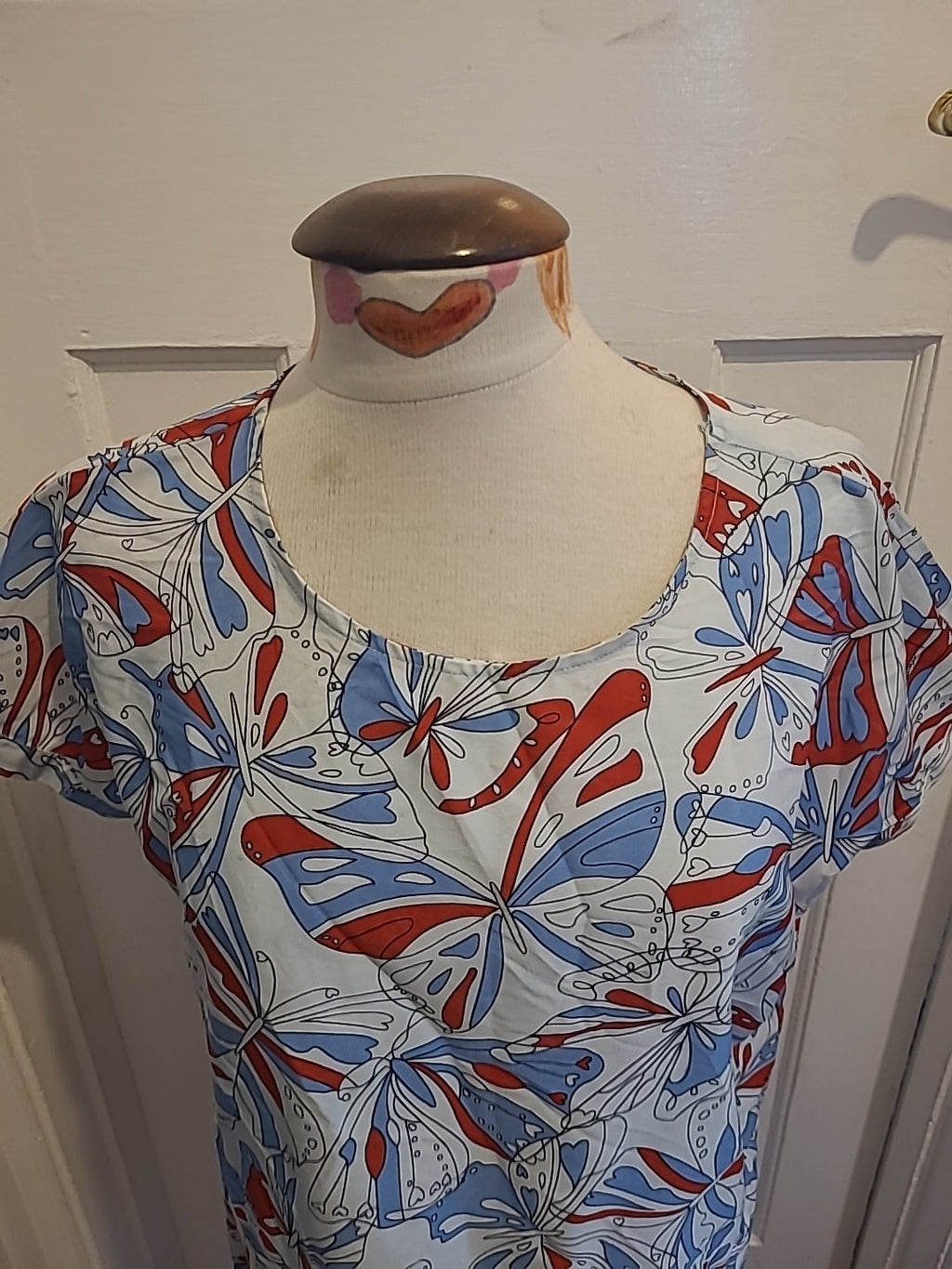 Ladies Peacocks Size 14 Blue White Red Butterfly Short Sleeved Blouse