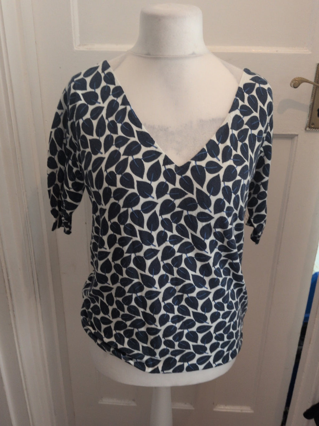 Next 12 Blue And White Leave Wide V Neck Short Sleeve Blouse