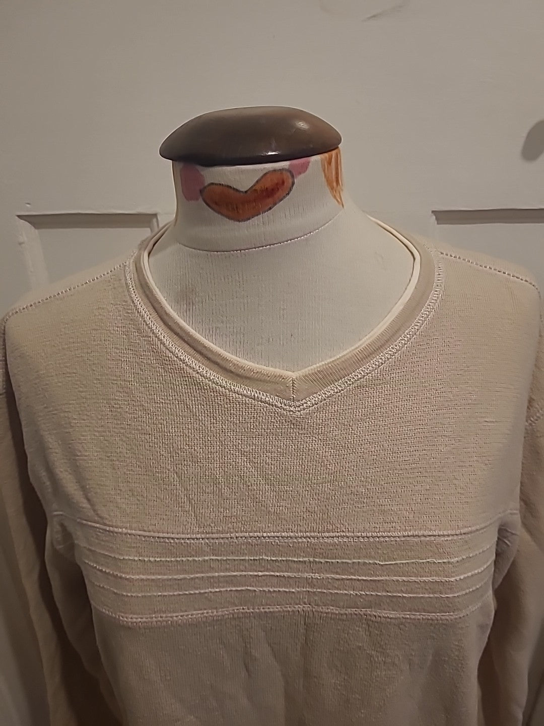 Mens Maine Size Medium Beige V Neck Long Sleeved Pullover Jumper