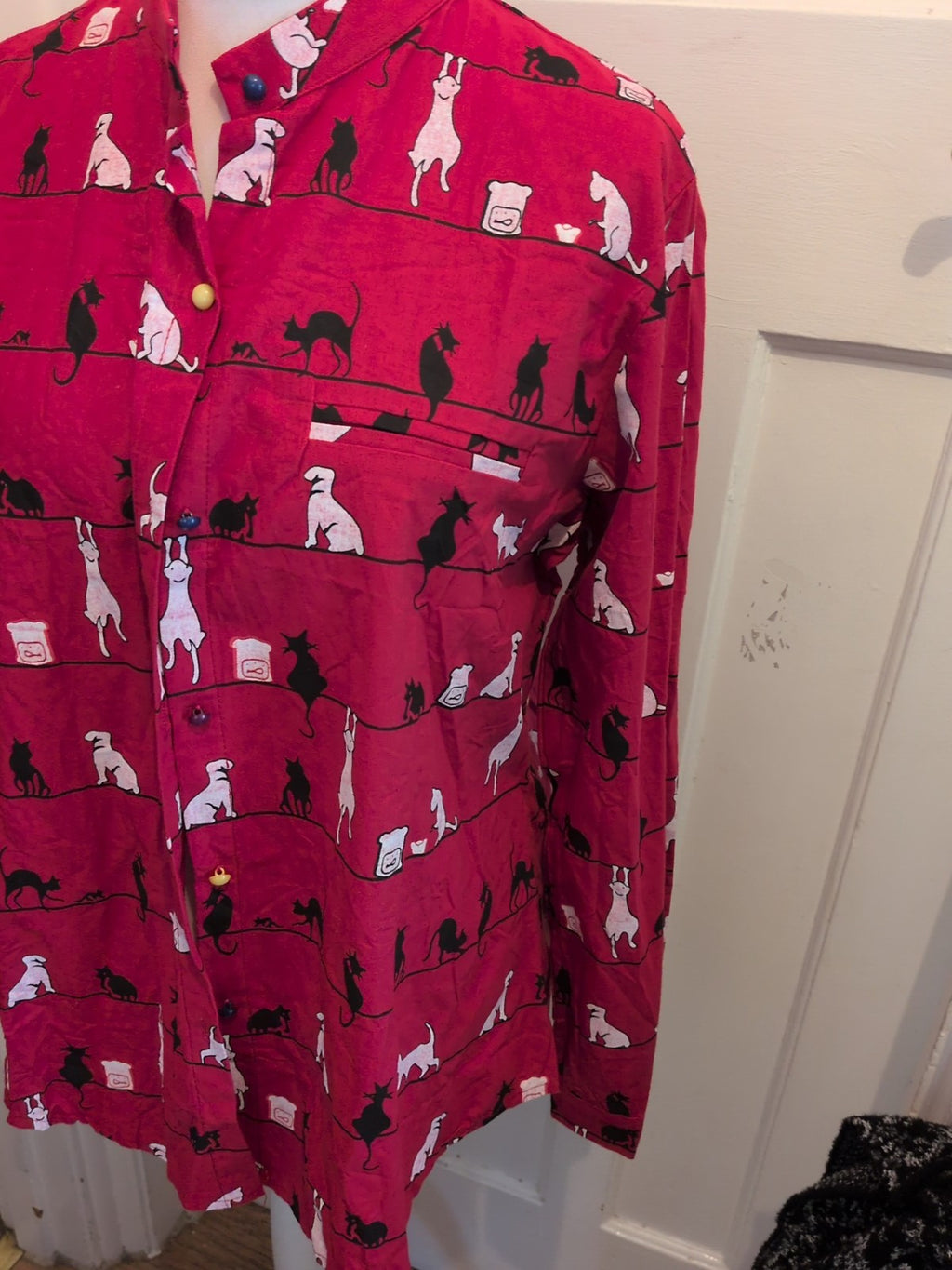 2XL Red Cat Pattern Long Sleeve Buttoned Pyjama Shirt