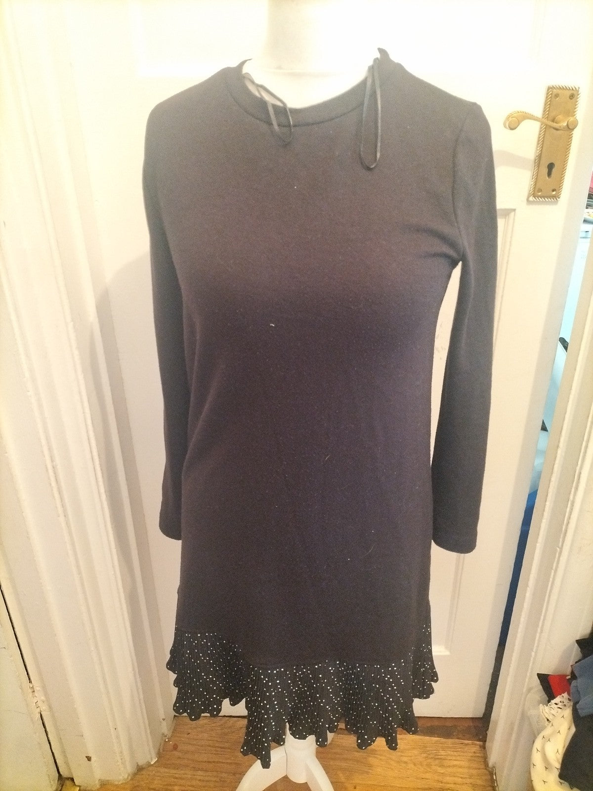 Tu Woman 12 Black Long Sleeved Long Length Dress With Polkadot Hem