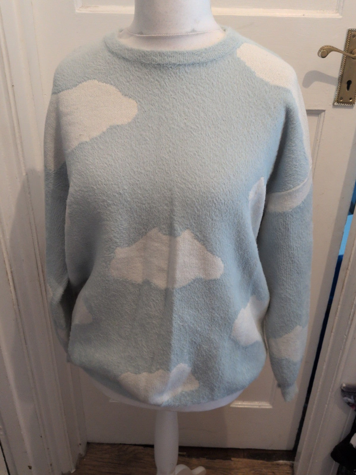 Shein Medium Blue And White Super Soft And Warm Cloud Pattern Jumper Pullover