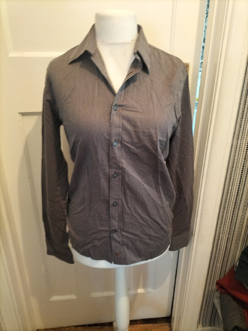 Mens Melka Size 15" Brown And Blue Long Sleeved Shirt