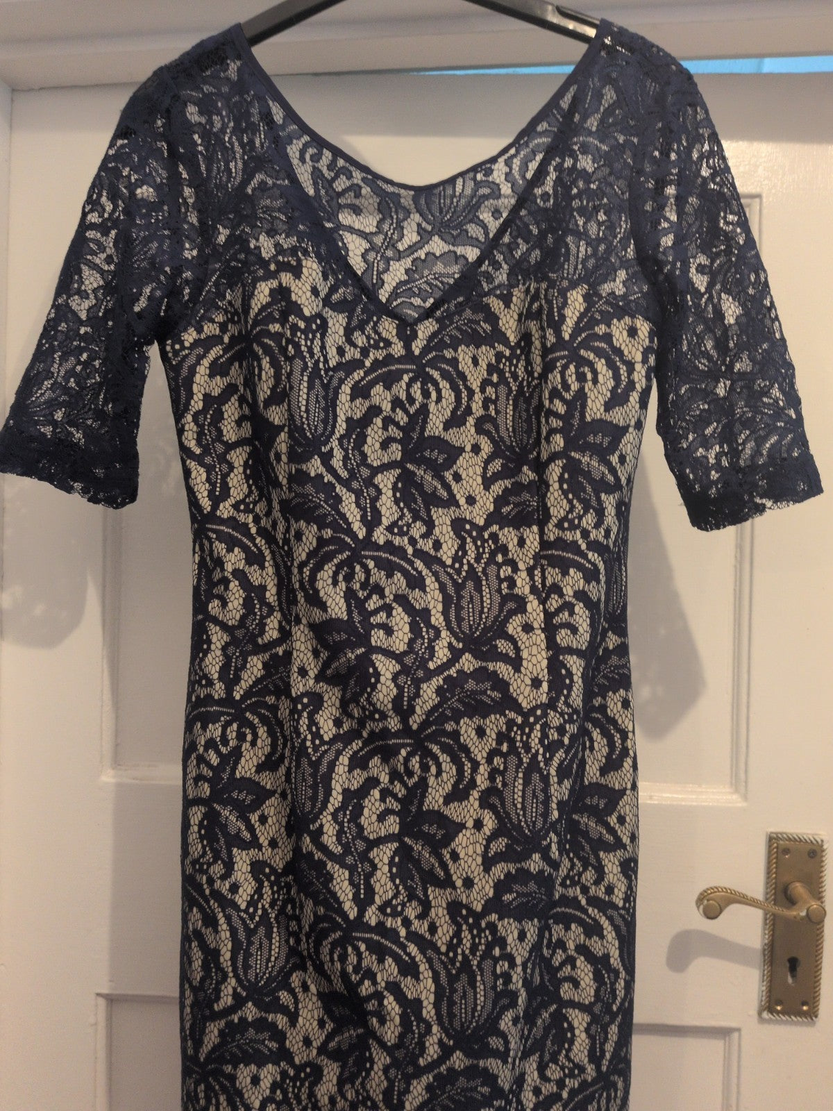 Next 10 Royal Blue And Beige Lacey Short Sleeve Dress Midi