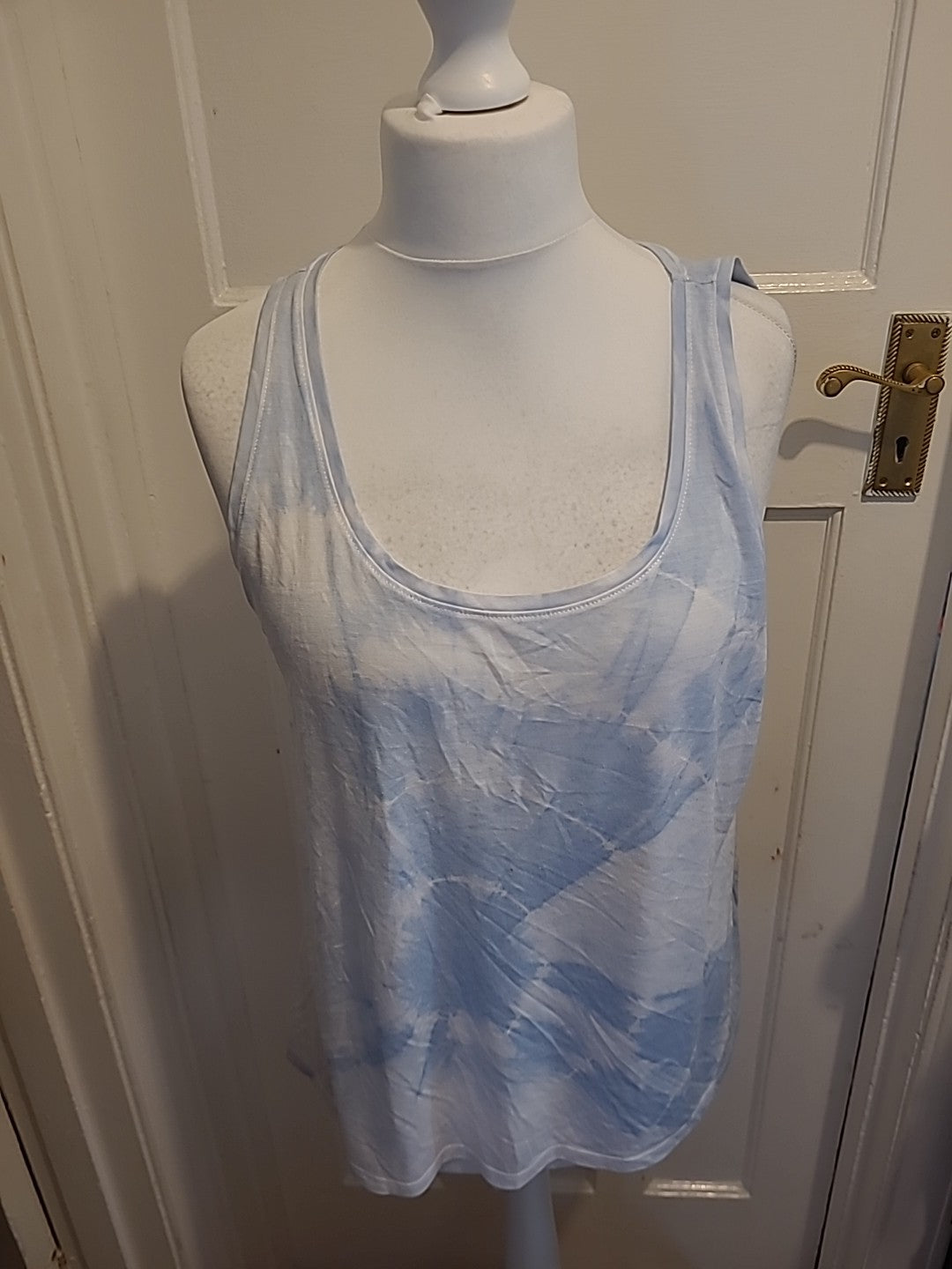 Ladies Marks And Spencer Size 12 Pale Blue And White Dye Sleeveless Tshirt